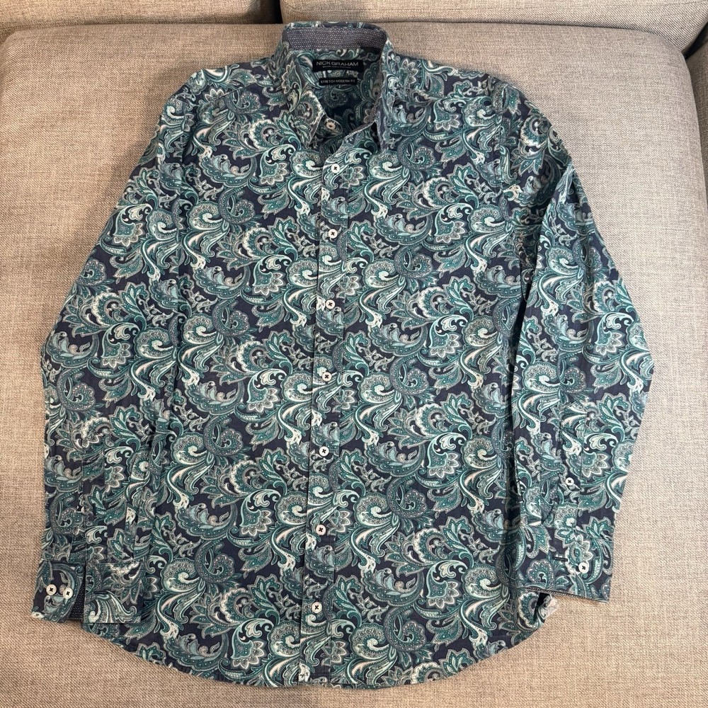 Nick Graham Paisley Button Up Shirt Mens 16 16.5 Teal Blue Stretch